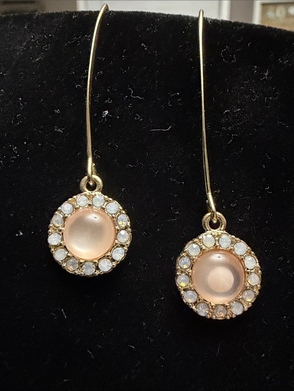 Gold Drop Earrings with Blush Pink Cabochon and Crystals
